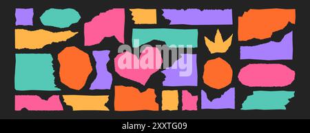 Satz farbiges zerrissenes Papier. Notizzettel mit gezackten Kanten. Grunge rechteckige Rahmen, Kreis, geometrische einfache Form Silhouetten alter Seiten. Aufgerissener Karton, Reißstreifenränder mit welliger Kante. Stock Vektor