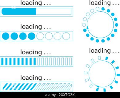 Blaue Symbolgruppe laden. Horizontale und runde Lade- oder Ladeanzeigen, Vektorgrafiken Stock Vektor