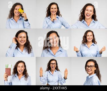 Fröhliche Frau, die verschiedene Emotionen mit Accessoires im Studio-Setting ausdrückt Stockfoto