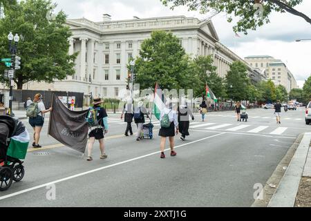 Washington DC, USA - 19.08.2024: Eine Gruppe von Demonstranten marschiert mit Schildern und Bannern die Straße hinunter. Eine Frau in einem blauen Hemd läuft in der Mitte Stockfoto