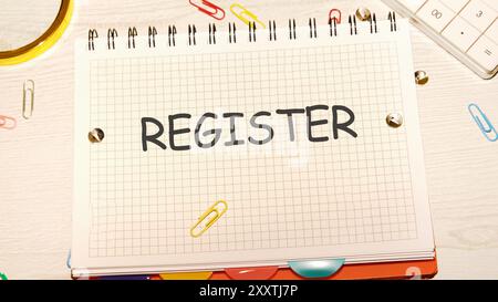 Konzeptionelles Register-Symbol. Kopierbereich. Registrierung in einem karierten Notizbuch geschrieben Stockfoto