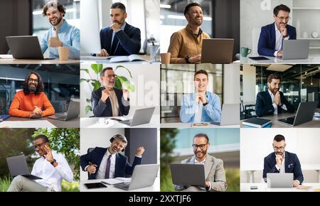 Engagierte Mitarbeiter, die an virtuellen Meetings in verschiedenen Umgebungen teilnehmen Stockfoto