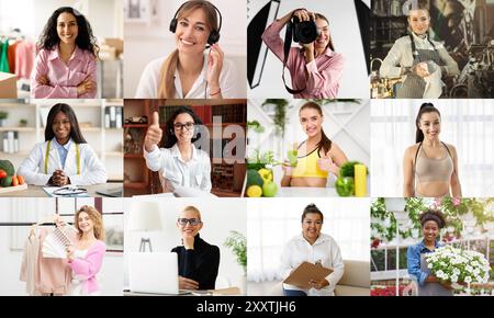 Vielfältige Gruppe von Frauen in verschiedenen Berufen und Tätigkeiten Stockfoto