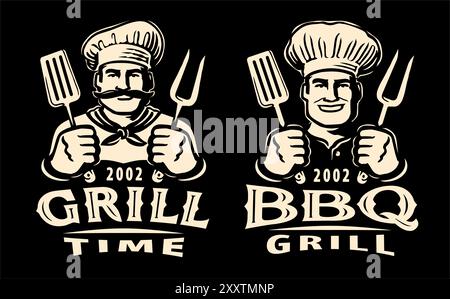 Barbecue-Logo oder -Etikett. Der Koch hält einen Spatel und ein Gabelemblem in der Hand. BBQ-Vektor-Illustration Stock Vektor