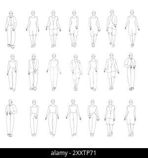Set mit Konturen von Wanderern aus schwarzen Linien isoliert auf weißem Hintergrund. Männer und Frauen gehen. Vorderansicht. Vektorabbildung. Stock Vektor