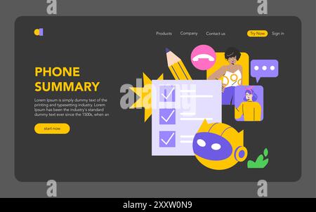 Mobiles KI-Konzept. Web-Landing-Page-Oberfläche mit Funktionen für Telefonzusammenfassungen mit Chatbot, Checkliste und Benutzerinteraktion. Vektorabbildung. Stock Vektor