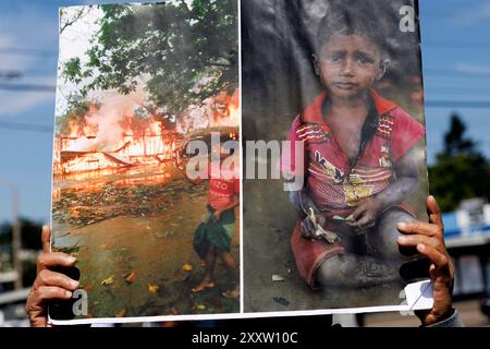 Portland, USA. August 2024. Die Rohingya-Gemeinde im Südosten von Portland, Oregon, hielt am 25. August 2024 eine kleine, aber feierliche Versammlung ab, um die Amerikaner an die ethnischen Säuberungen und den Völkermord zu erinnern, die die burmesische Armee und ihre Arakan-Verbündeten heute vor sieben Jahren dem Staat Rohingya von Rakhine in Burma zugefügt haben. (Foto: John Rudoff/SIPA USA) Credit: SIPA USA/Alamy Live News Stockfoto