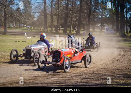 Firmat, Argentinien. August 2024. Cyclekarts, eine Art Motorsport, der auf selbstgemachten, einsitzigen, motorisierten Autos gespielt wird, die an Rennwagen aus den 1920er und 1930er Jahren erinnern, wächst an Popularität, was sich in einer Rekordzahl von Wettbewerbern niederschlug. Der dritte Cyclekarts-Wettbewerb im Carlota Joubin Park fand in Firmat, Santa Fe, Argentinien statt. (Foto: Patricio Murphy/SOPA Images/SIPA USA) Credit: SIPA USA/Alamy Live News Stockfoto