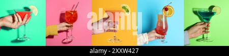Verschiedene Cocktails in den Händen der Menschen auf verschiedenfarbigen Hintergründen, Collage Stockfoto