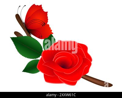 Rote Rose mit Blättern und einem Schmetterling auf einem Zweig. Stock Vektor