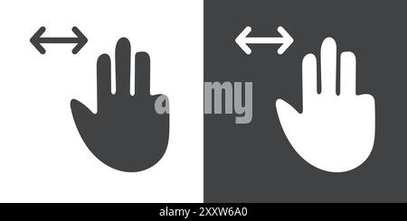 Horizontales Scrollsymbol mit drei Fingern flach in Schwarz-weiß-Farbkonturvektor gesetzt Stock Vektor