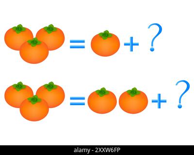 Erziehungsspiele für Kinder, zur Zusammensetzung der drei, Beispiel mit Persimmonen. Stock Vektor