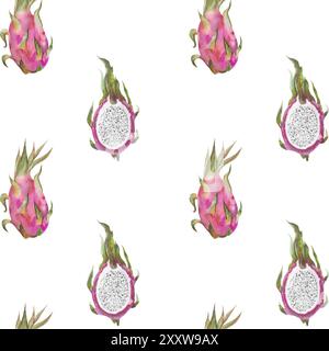 Nahtloses Muster mit Pitahaya, Drachenfrucht, pitaya. Handgezeichnete Aquarellillustration von Pitahaya für Stoffdesign, Cover, tropische Tapete Stockfoto
