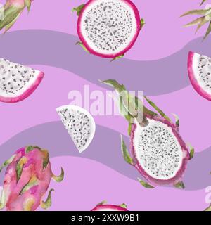 Nahtloses Muster mit Pitahaya, Drachenfrucht, pitaya. Handgezeichnete Aquarellillustration von Pitahaya für Stoffdesign, Cover, tropische Tapete Stockfoto