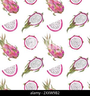 Nahtloses Muster mit Pitahaya, Drachenfrucht, pitaya. Handgezeichnete Aquarellillustration von Pitahaya für Stoffdesign, Cover, tropische Tapete Stockfoto