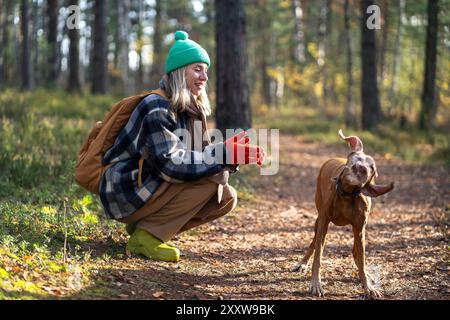 Fröhliche Frau, die mit dem lustigen Hund vizsla im Herbstwald spaziert, trägt warme Kleidung an sonnigen Tagen. Stockfoto