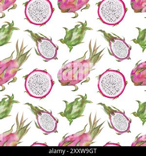 Nahtloses Muster mit Pitahaya, Drachenfrucht, pitaya. Handgezeichnete Aquarellillustration von Pitahaya für Stoffdesign, Cover, tropische Tapete Stockfoto