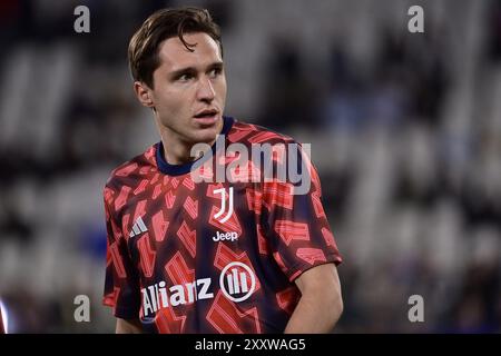 Torino, Italien. April 2024. Juventus' Federico Chiesa vor dem Halbfinalspiel der Coppa Italia (Leg 1 von 2) zwischen Juventus und Latium im Allianz-Stadion in Turin, Nordwesten Italiens - Dienstag, 02. April 2024 - Sport - Fußball (Foto: Marco Alpozzi/Lapresse) Credit: LaPresse/Alamy Live News Stockfoto