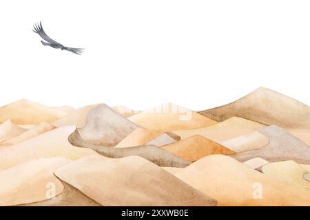 Wüstenlandschaft mit Wasserfarben mit Sanddünen und fliegenden Adlervögeln, handgezeichneter Illustration. Malerischer Panoramablick Stockfoto