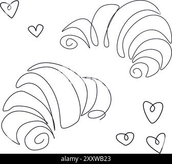 Vector Desserts Set. Französisches Croissant, einzeilige, durchgehende Zeichnung. Symbol „Hand gezeichnet linear“. Umrissdesign, Druck, Banner, Karte, Poster, broch Stock Vektor