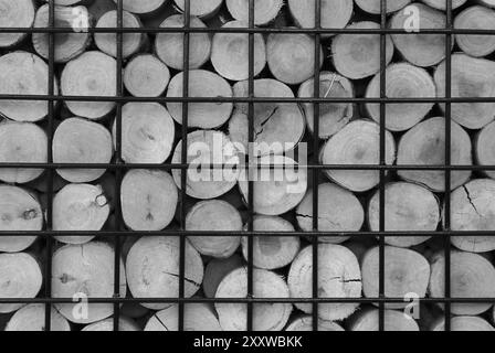 Monochromes Bild von Holzstapeln in einem Metallkäfig Stockfoto