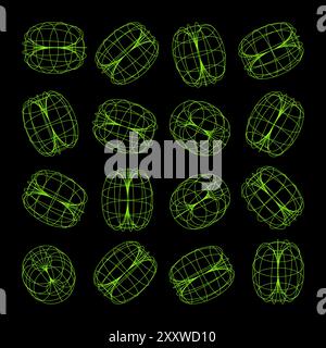 Mit Drahtdarstellung versehene Formen. Perspektivisches Netz, 3D-Raster. Geometrische Elemente mit niedrigem Poly. Futuristische Retro-Designelemente im y2k-, Vaporwave- und Synthwave-Stil Stock Vektor