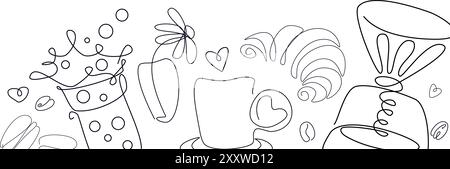 Mokakanne, ein Glas Kaffee, Croissant, zwei Macarons. Zusammensetzung der Kaffeezeit. Line Art, Retro. Vektor-Illustration für Cafés, Cafés und Restaurants Stock Vektor