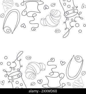 Tasse Tee, Tasse Kaffee, Line Art Stil Vektor Croissant Cupcake Stock Vektor