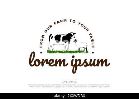 Vintage Angus Kuh Stier mit Schaf Lammziege für Rinder Viehzucht Farm Logo Design Vektor Stock Vektor