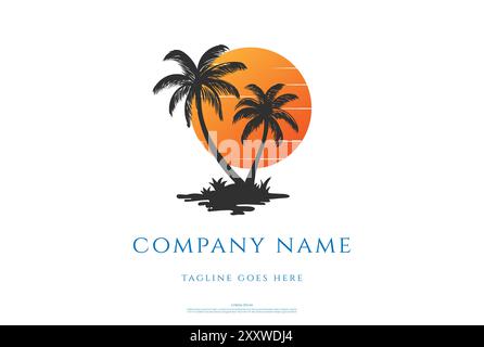 Einfacher minimalistischer Sonnenuntergang Sonnenaufgang mit Palme Logo Design Vektor Stock Vektor