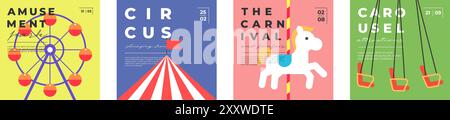 Vergnügungspark festliches, minimales, trendiges quadratisches Banner-Set. Riesenrad und Zirkusflyer. Karneval Funfair Karussell Grußkarte kreatives Design. Fun Fair Festival einfache flache moderne Abdeckung Stock Vektor
