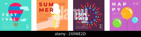 Vergnügungspark festliches, minimales, trendiges quadratisches Banner-Set. Flyer mit Heißluftballon und Feuerwerk. Eis auf Karnevalsgrußkarte kreatives Design. Lustiges Messefestival einfache moderne EPS-Abdeckung Stock Vektor