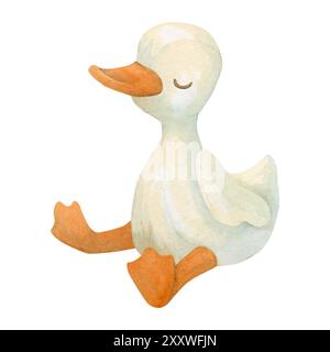 Plüschschlafendes Entlein oder Glatschling. Aquarellabbildung einer weißen, weichen Ente oder Gans. Isolierter handgezeichneter Clipart einer gefüllten Geflügelpuppe Stockfoto