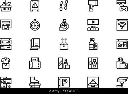 Die Kollektion Mall Icons ist eine Vektorillustration mit bearbeitbarem Kontur. Stock Vektor