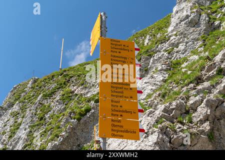 Verschiedene Wanderwege, die auf dem Gipfel des Pilatus stehen, Schilder, die auf verschiedene Wegbeschreibungen und Zeiten hinweisen. Schweiz Stockfoto