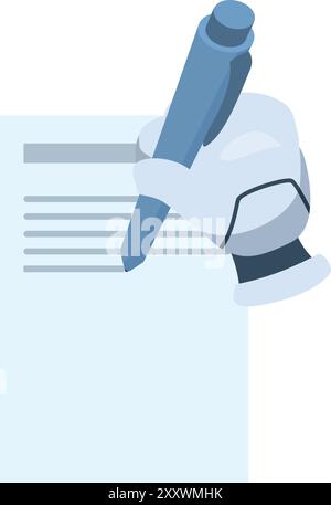 Die Roboterhand hält einen Stift und schreibt auf ein Blatt Papier Stock Vektor