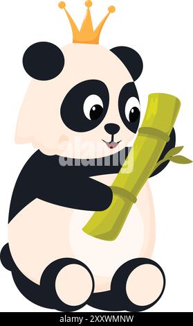 Niedlicher Karikaturpanda mit Krone, sitzt und hält einen Bambussprossen Stock Vektor