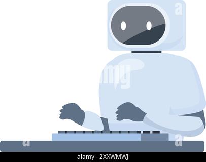 Der weiße Roboter verwendet eine Tastatur, während er am Schreibtisch sitzt Stock Vektor