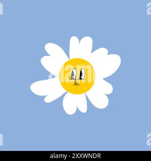Gänseblümchenblume mit lustigem lächelndem Gesicht, Kamillenfigur. Süße Kamille, glückliche Emotion. Kinder-Logo mit Gänseblümchen. Illustration des Lächelns Stock Vektor