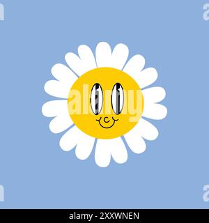 Gänseblümchenblume mit lustigem lächelndem Gesicht, Kamillenfigur. Süße Kamille, glückliche Emotion. Kinder-Logo mit Gänseblümchen. Illustration des Lächelns Stock Vektor