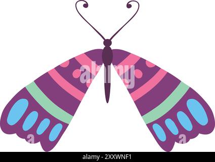 Niedlicher Schmetterling. Farbenfrohe Flügel mit dekorativem FrühlingsSchmetterling. Monarch, Motte und Libelle. Tropische schöne florale Insekten flache Vektor-Ikone. Feder Stock Vektor