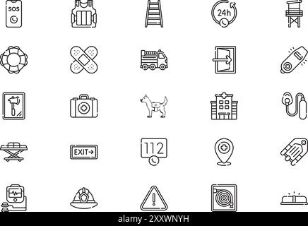 Die Sammlung der Symbole für den Rettungsdienst ist eine Vektorillustration mit bearbeitbarem Strich. Stock Vektor