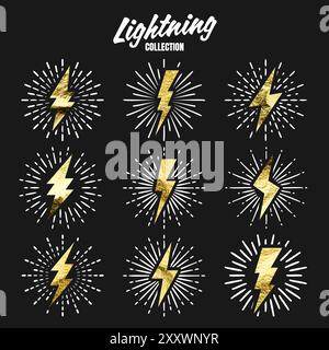 Set aus Vintage-goldenen Blitzschlägen und Sonnenstrahlen. Goldfolienstruktur. Beleuchtung mit Sonnenschliff. Thunderbolt, Schild für elektrischen Schlag. Vektor Stock Vektor