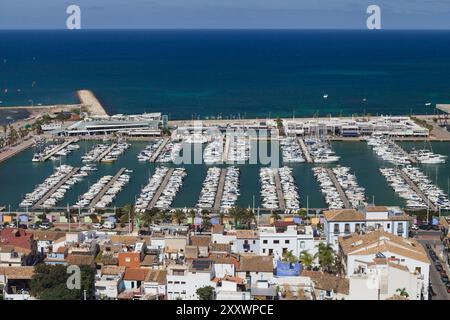 Marina von Denia vom Schloss, Alicante, Spanien. Stockfoto