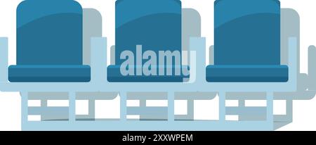Eine Reihe blauer, leerer Sitze wartet auf Passagiere in öffentlichen Verkehrsmitteln oder am Flughafen Stock Vektor