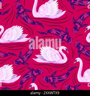 Nahtloses Muster mit weißen Schwan- und Koi-Fischen. Vektor. Stock Vektor