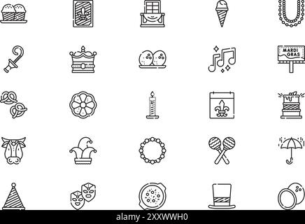 Mardi Gras Icons Kollektion ist eine Vektorillustration mit bearbeitbarem Kontur. Stock Vektor