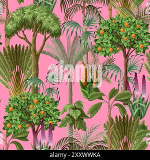 Nahtloses Muster mit Dschungelbäumen und Blumen für Kinder Tapeten. Vektor. Stock Vektor