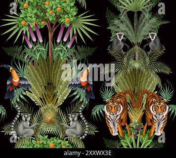 Nahtloses Kindermuster mit Dschungelbäumen und Tieren. Vektor. Stock Vektor