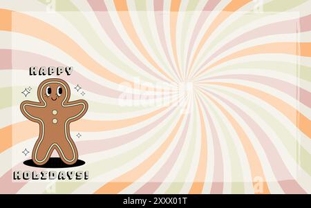 Lebkuchenmann-Groovy-Karte. Vektorillustration im trendigen Retro-Stil. Abstrakter Hintergrund. Frohe Feiertage 2024 Stock Vektor